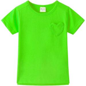 Noomelfish Girls Short Sleeve Heart Pocket T-Shirts Casual Cotton Tee Tops Blouse (5-12 Years)(Neon Green)