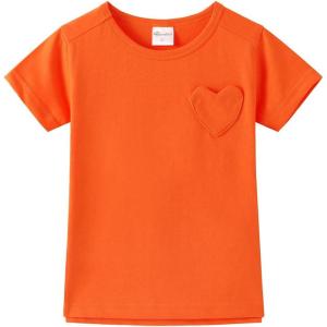Noomelfish Girls Short Sleeve Heart Pocket T-Shirts Casual Cotton Tee Tops Blouse (5-12 Years)(Orange)