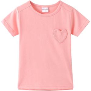 Noomelfish Girls Short Sleeve Heart Pocket T-Shirts Casual Cotton Tee Tops Blouse (5-12 Years)(Pink)