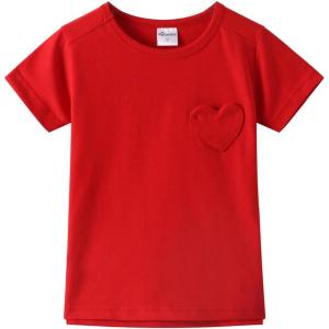 Noomelfish Girls Short Sleeve Heart Pocket T-Shirts Casual Cotton Tee Tops Blouse (5-12 Years)(Red)