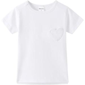 Noomelfish Girls Short Sleeve Heart Pocket T-Shirts Casual Cotton Tee Tops Blouse (5-12 Years)(White)
