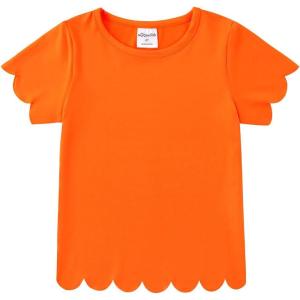 Noomelfish Girls Short Sleeve Scalloped Edge T-Shirts Casual Cute Summer Tee Tops Blouse (5-12 Years)(Neon Orange)