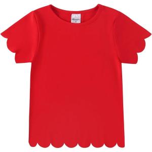 Noomelfish Girls Short Sleeve Scalloped Edge T-Shirts Casual Cute Summer Tee Tops Blouse (5-12 Years)(Red)
