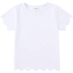 Noomelfish Girls Short Sleeve Scalloped Edge T-Shirts Casual Cute Summer Tee Tops Blouse (5-12 Years)(White)