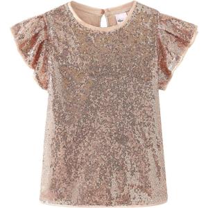 Noomelfish Girls Short Sleeve Sequin Shirts Party Glitter Sparkly Tops Blouse (5-12 Years)(Champagne)