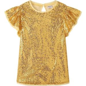 Noomelfish Girls Short Sleeve Sequin Shirts Party Glitter Sparkly Tops Blouse (5-12 Years)(Gold)