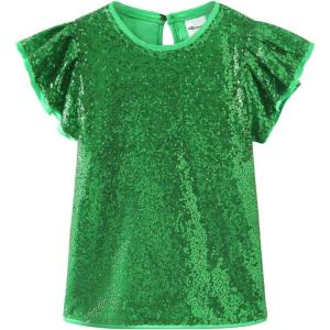 Noomelfish Girls Short Sleeve Sequin Shirts Party Glitter Sparkly Tops Blouse (5-12 Years)(Green)