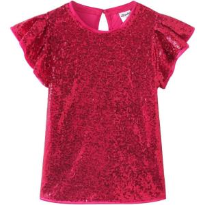 Noomelfish Girls Short Sleeve Sequin Shirts Party Glitter Sparkly Tops Blouse (5-12 Years)(Hot Pink)