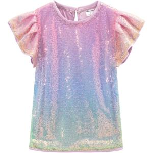 Noomelfish Girls Short Sleeve Sequin Shirts Party Glitter Sparkly Tops Blouse (5-12 Years)(Light Rainbow)