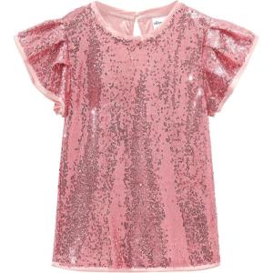 Noomelfish Girls Short Sleeve Sequin Shirts Party Glitter Sparkly Tops Blouse (5-12 Years)(Pink)