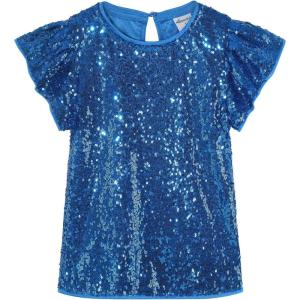 Noomelfish Girls Short Sleeve Sequin Shirts Party Glitter Sparkly Tops Blouse (5-12 Years)(Royal)