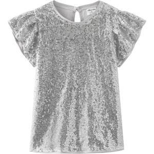 Noomelfish Girls Short Sleeve Sequin Shirts Party Glitter Sparkly Tops Blouse (5-12 Years)(Silver White)