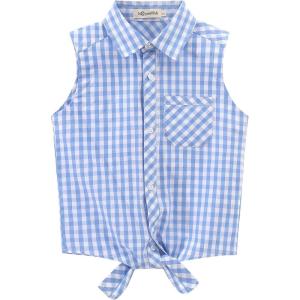 Noomelfish Girls Sleeveless Button Down Shirt Tie Knot Blouse Tank Tops (5-12 Years)(Blue Check Gingham)