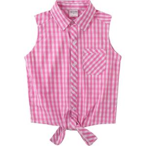 Noomelfish Girls Sleeveless Button Down Shirt Tie Knot Blouse Tank Tops (5-12 Years)(Pink Check Gingham)