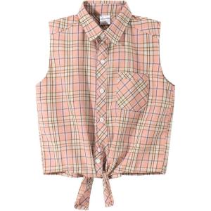 Noomelfish Girls Sleeveless Button Down Shirt Tie Knot Blouse Tank Tops (5-12 Years)(Pink Plaid)