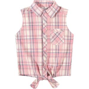 Noomelfish Girls Sleeveless Button Down Shirt Tie Knot Blouse Tank Tops (5-12 Years)(Plaid Pink White)