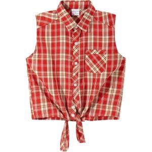 Noomelfish Girls Sleeveless Button Down Shirt Tie Knot Blouse Tank Tops (5-12 Years)(Red Plaid)