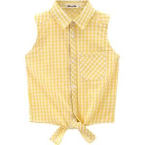Noomelfish Girls Sleeveless Button Down Shirt Tie Knot Blouse Tank Tops (5-12 Years)(Yellow Check Gingham)