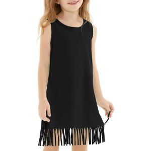 Noomelfish Girls Sleeveless Fringe Dress Cotton Summer Casual Sundress (3-12 Years)(Black)