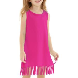 Noomelfish Girls Sleeveless Fringe Dress Cotton Summer Casual Sundress (3-12 Years)(Hot Pink)