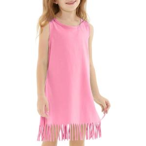 Noomelfish Girls Sleeveless Fringe Dress Cotton Summer Casual Sundress (3-12 Years)(Pink)
