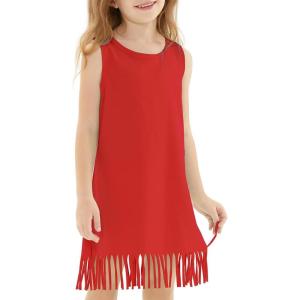 Noomelfish Girls Sleeveless Fringe Dress Cotton Summer Casual Sundress (3-12 Years)(Red)