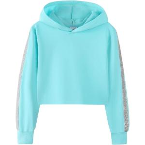 Noomelfish Girls Sparkle Long Sleeve Crop Tops Cropped Hoodies Pullover Sweatshirts (5-14 Years)(Aqua Blue)