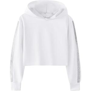 Noomelfish Girls Sparkle Long Sleeve Crop Tops Cropped Hoodies Pullover Sweatshirts (5-14 Years)(White)