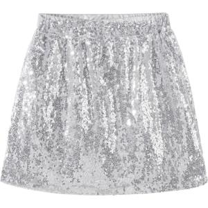 Noomelfish Girls Sparkly Sequin Skirt Kids Elastic Waist Mini Pencil Skirts (5-12 Years)(Silver)