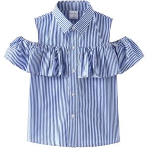 Noomelfish Girls Striped Ruffle Cold Shoulder Top Blouse Short Sleeve Button Down Shirts, Royal Blue Striped, Size 5-6 Years