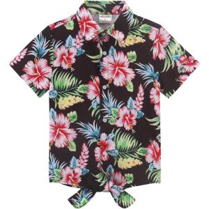 Noomelfish Girls Tie Front Hawaiian Shirt Summer Floral Tropic Short Sleeve Button Down Tops (5-12 Years)(Black Pink Floral)