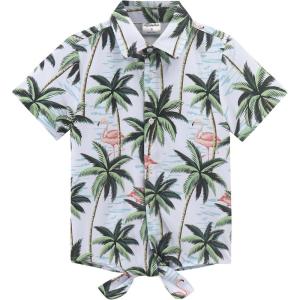 Noomelfish Girls Tie Front Hawaiian Shirt Summer Floral Tropic Short Sleeve Button Down Tops (5-12 Years)(White Coconut Tree)