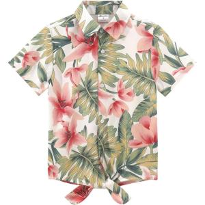 Noomelfish Girls Tie Front Hawaiian Shirt Summer Floral Tropic Short Sleeve Button Down Tops (5-12 Years)(White Pink Floral)