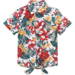 Noomelfish Girls Tie Front Hawaiian Shirt Summer Floral Tropic Short Sleeve Button Down Tops (5-12 Years)(White Red Yellow Floral)