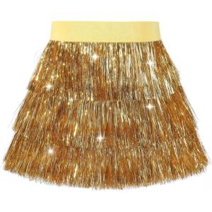 Noomelfish Girls Tinsel Fringe Skirt Sparkly Tassel Metallic Party Skirt(5-12 Years)(Gold)