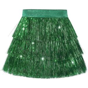 Noomelfish Girls Tinsel Fringe Skirt Sparkly Tassel Metallic Party Skirt(5-12 Years)(Green)