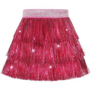 Noomelfish Girls Tinsel Fringe Skirt Sparkly Tassel Metallic Party Skirt(5-12 Years)(Hot Pink)