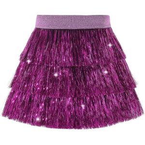 Noomelfish Girls Tinsel Fringe Skirt Sparkly Tassel Metallic Party Skirt(5-12 Years)(Purple)