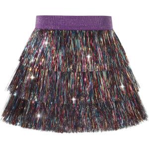 Noomelfish Girls Tinsel Fringe Skirt Sparkly Tassel Metallic Party Skirt(5-12 Years)(Rainbow)