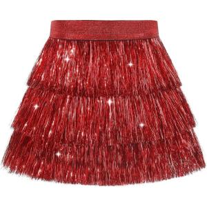 Noomelfish Girls Tinsel Fringe Skirt Sparkly Tassel Metallic Party Skirt(5-12 Years)(Red)