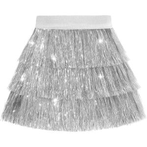 Noomelfish Girls Tinsel Fringe Skirt Sparkly Tassel Metallic Party Skirt(5-12 Years)(Silver White)