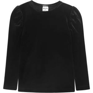Noomelfish Girls Velvet Puff Long Sleeve Shirt Casual Solid Pleated Blouse Tops (5-12 Years)(Black)