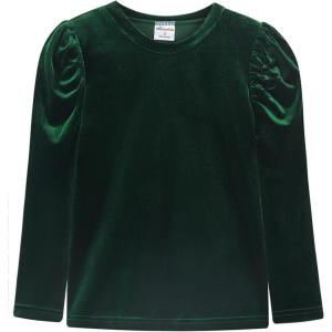 Noomelfish Girls Velvet Puff Long Sleeve Shirt Casual Solid Pleated Blouse Tops (5-12 Years)(Dark Green)