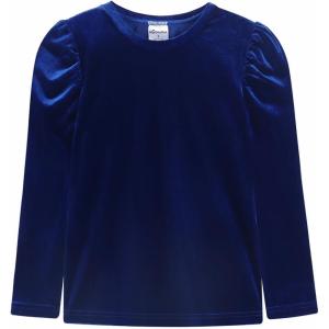 Noomelfish Girls Velvet Puff Long Sleeve Shirt Casual Solid Pleated Blouse Tops (5-12 Years)(Royal Blue)