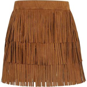 Noomelfish Girls and Women Suede Fringe Skirt Boho Tassel Layered Ruffle Skirt(Brown)
