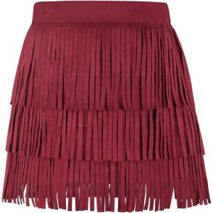 Noomelfish Girls and Women Suede Fringe Skirt Boho Tassel Layered Ruffle Skirt(Burgundy)