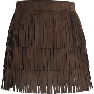 Noomelfish Girls and Women Suede Fringe Skirt Boho Tassel Layered Ruffle Skirt(Coffee Brown)