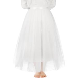 Noomlfish Kids Long Tutu Skirts Flower Girl Tulle Party Maxi Skirt (4-12 Years)(White)