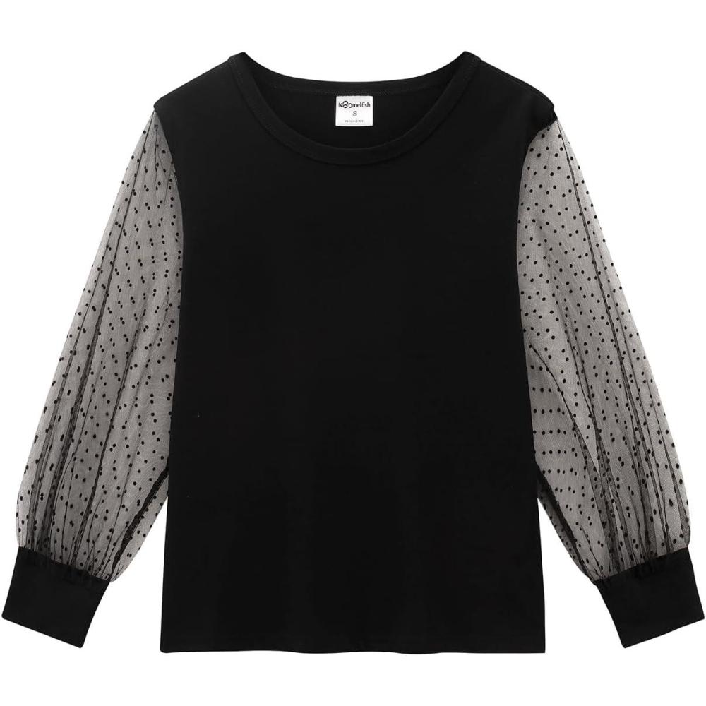 imageNoomelfish Girls Mesh Long Sleeve TShirts Kids Cute Sheer Dressy Tops Blouse512 YearsBlack Dot