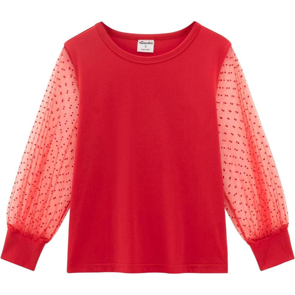 imageNoomelfish Girls Mesh Long Sleeve TShirts Kids Cute Sheer Dressy Tops Blouse512 YearsDot Red